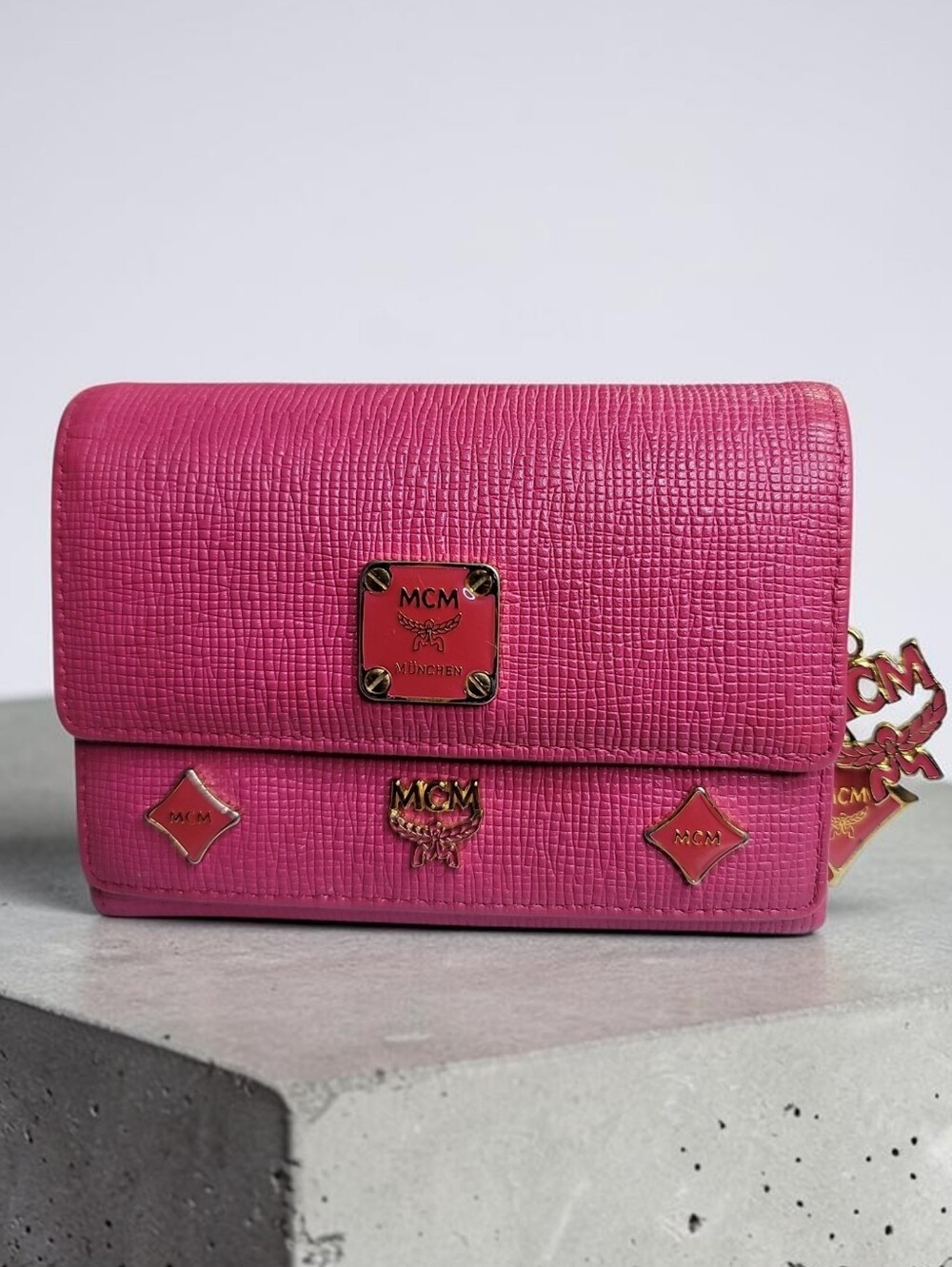MCM Hot Pink Leather Trifold Wallet Charm Detail In Great Condition